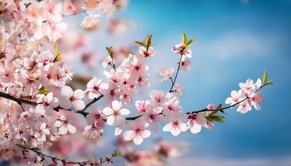 Obraz premium branch of blooming tree spring floral background delicate pink and white flowers blue sky