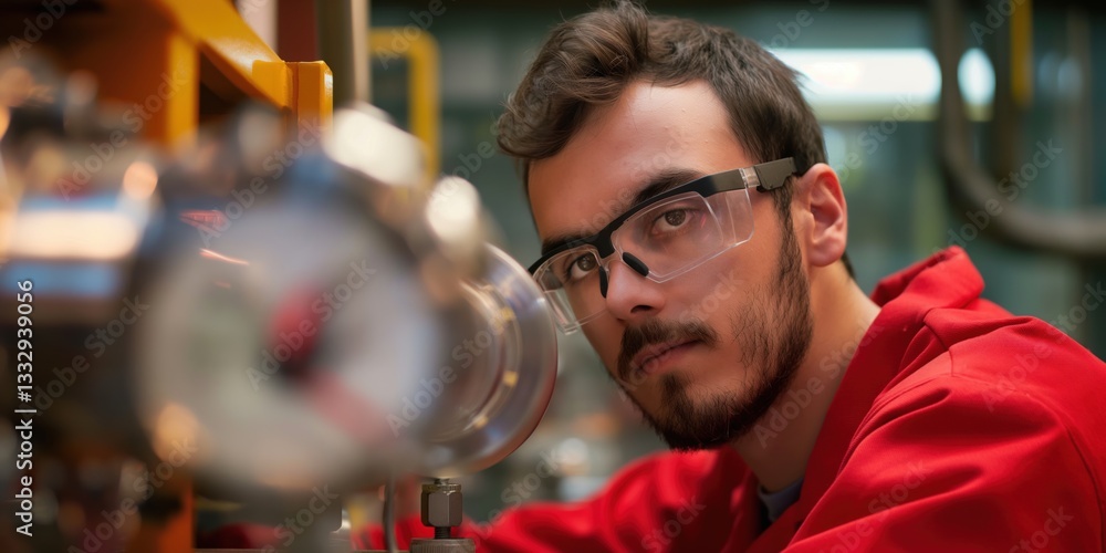 Poster a young engineer is intensely working on a machine, surrounded by gauges and equipment, showcasing d