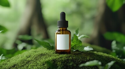 Amber Glass Tincture Bottle with Black Dropper and White Vertical Label on Mossy Forest Floor &ndash; Earthy and Natural Display