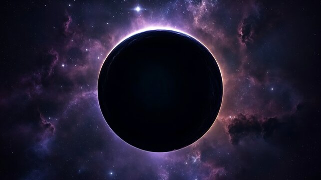 A dark celestial sphere surrounded by vibrant space elements