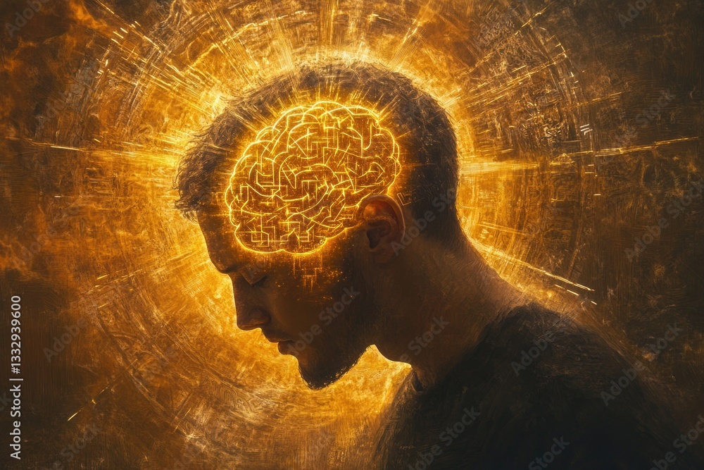 Poster the profile of a man features an illuminated brain, symbolizing deep thought and intellect amidst a 