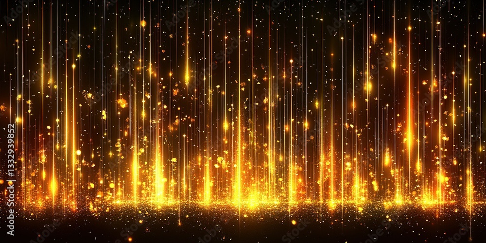 Poster bright golden sparks illuminate a dark background creating a dazzling visual display in a festive at