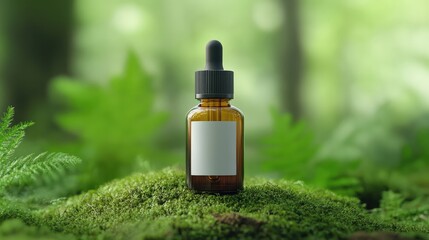 Amber Glass Tincture Bottle with Black Dropper and White Vertical Label on Mossy Forest Floor &ndash; Earthy and Natural Display