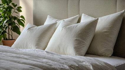 Cozy white pillows on a soft bed, illuminated by natural light and surrounded by greenery