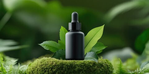 Black Dropper Bottle Surrounded by Moss, Twisting Vines, and Dense Foliage &ndash; Dramatic and Nature-Inspired Display