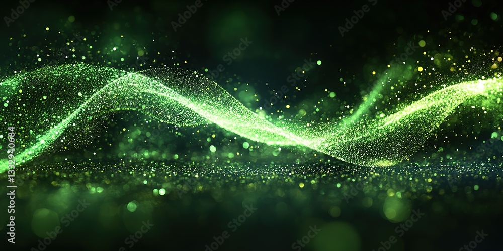 Poster swirling green particles create a mesmerizing wave effect in an abstract representation of light and