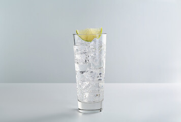 Refreshing soda water with ice cubes and slice of lime in glass on white table against light background
