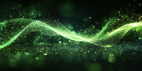 Swirling green particles create a mesmerizing wave effect in an abstract representation of light and energy fluctuations