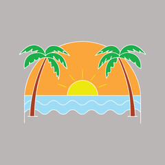 a retro beach with waves, palm trees, and a synth wave sun