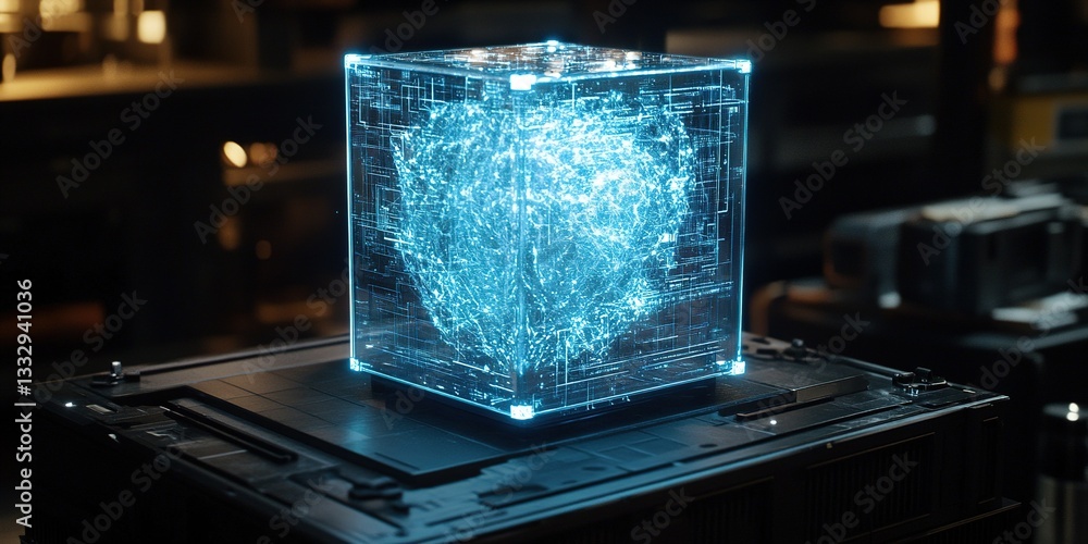Poster futuristic holographic cube displaying intricate data patterns in a dimly lit technology environment