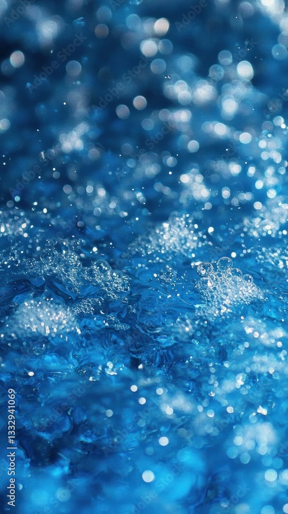 Poster deep blue water surface with sparkling reflections and abstract blurry bokeh