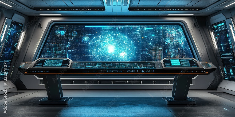 Poster futuristic control room with digital display showcasing advanced technology and space data at night