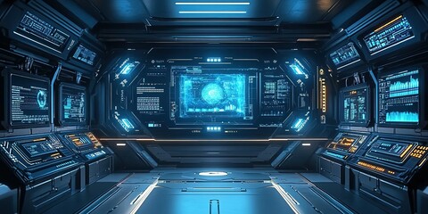 Obraz premium Futuristic control room with interactive screens and blue lighting in high-tech environment