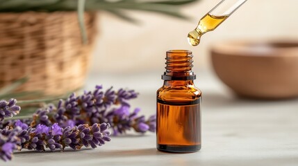 Dropper Dripping Lavender Essential Oil into an Amber Bottle, Surrounded by Fresh Purple Flowers – Serene and Spa-Inspired Display