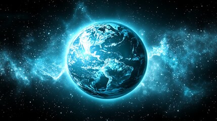 Obraz premium A glowing blue planet surrounded by cosmic stardust and stars