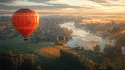 Obraz premium Serene Sunrise Hot Air Balloon Ride Over Misty River Valley