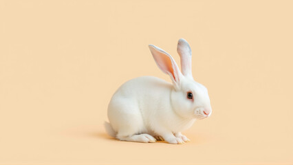 Cute white bunny on isolated peach background colors
