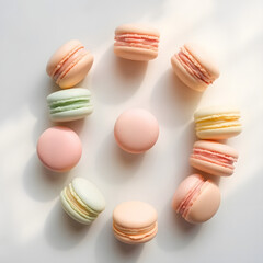 Fototapeta premium Circular flat lay of pastel macarons on marble background, fine art style, warm soft lighting, volumetric lighting, soft contrast, and gentle saturation.