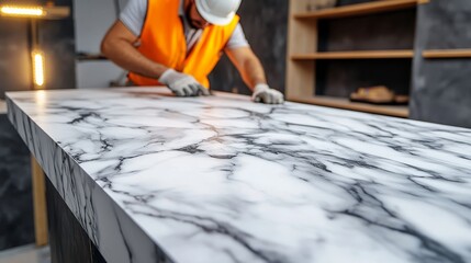 Installation of a granite countertop in the kitchen is being done by a construction worker