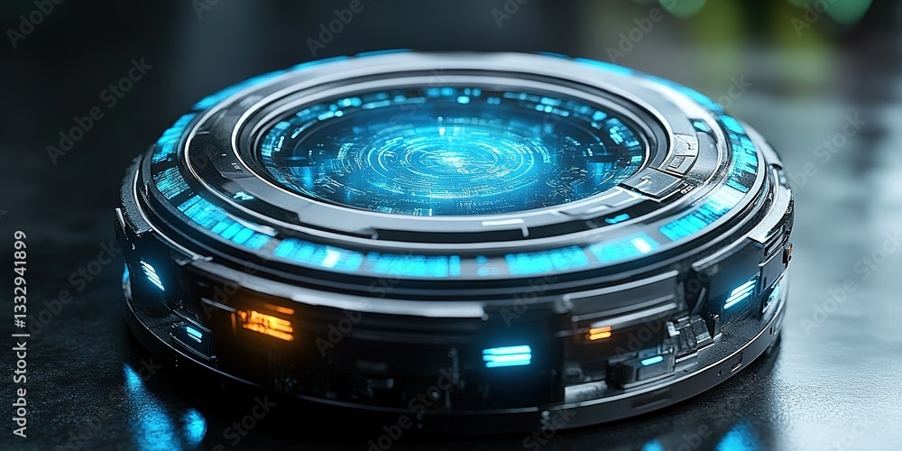 Poster futuristic device with glowing interface and intricate design displayed on a dark surface in a labor
