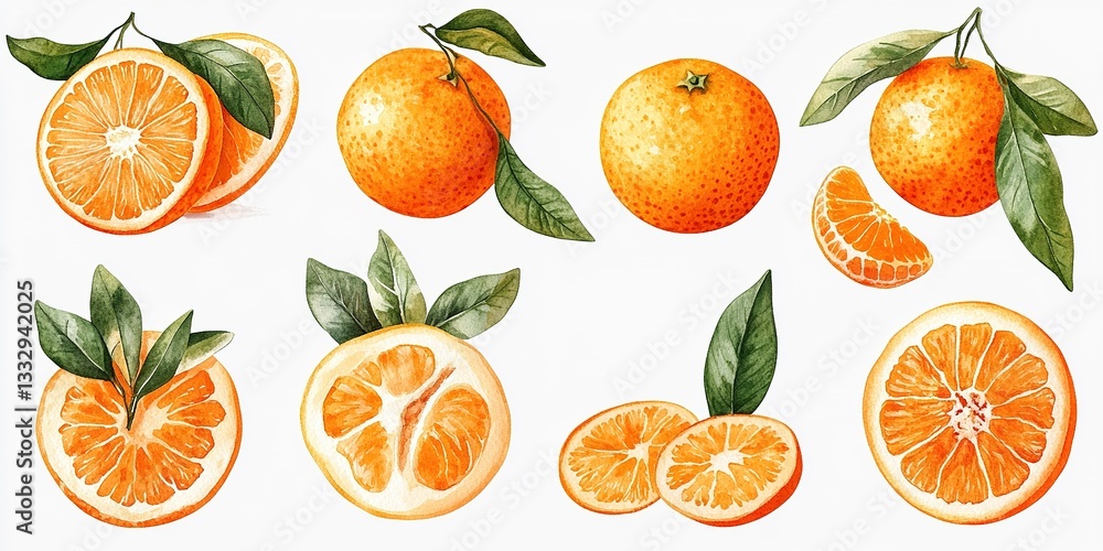 Poster fresh oranges and tangerines displayed with leafy branches in a vibrant natural setting
