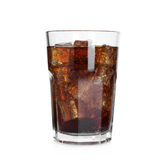 Sweet soda water with ice cubes in glass isolated on white
