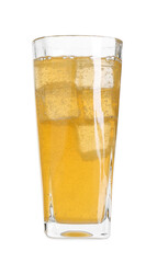 Sweet soda water with ice cubes in glass isolated on white