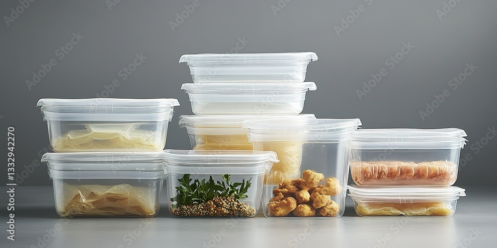 Poster various transparent storage containers filled with food items arranged neatly on a table