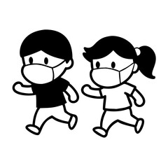 Icon of a boy and girl running while wearing face masks