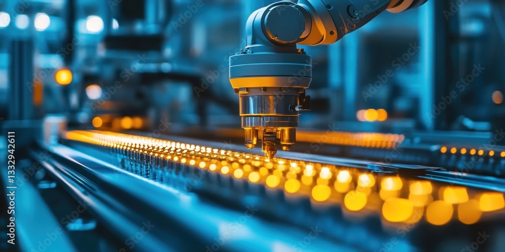 Poster a robotic arm is engaged in precision assembly tasks on a well-lit production line, demonstrating ad