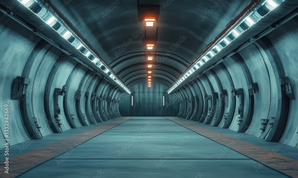 Poster futuristic industrial corridor with illuminated walls and symmetrical design