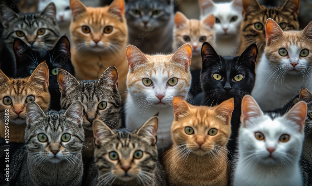 Poster diverse group of cats with various colors and patterns in close-up portrait