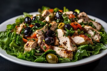 Grilled Chicken Salad with Olives and Vegetables on a Plate