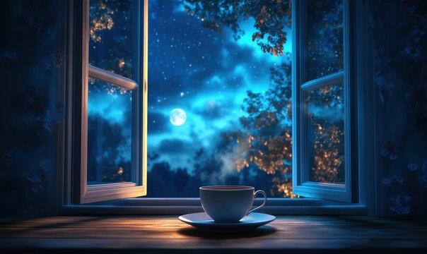 Serene night view from window with steaming cup of coffee under moonlight