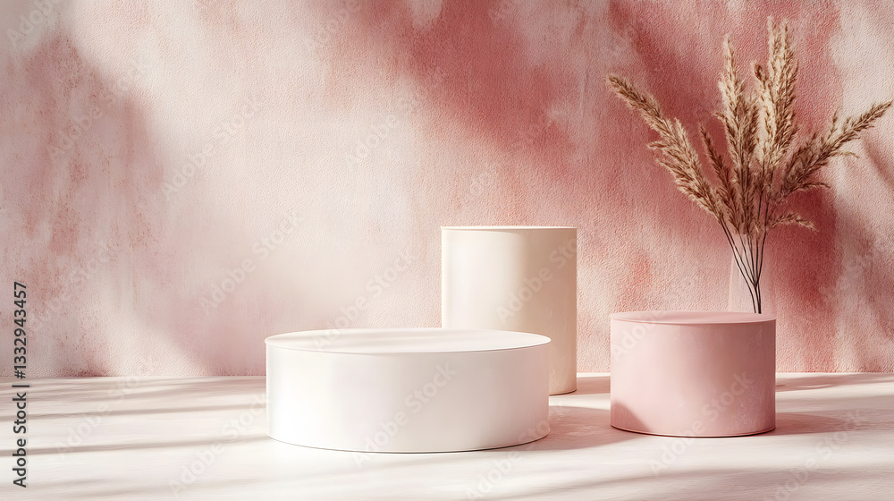 Poster abstract minimal scene with geometrical forms. cylinder podiums in cream pink colors. abstract backg