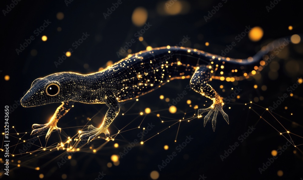 Poster digital representation of a lizard with glowing particles and network connections