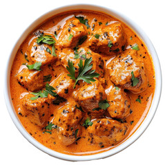 Chicken bowl in creamy sauce with herbs. Food dish close up view. Transparent png isolated. Meal served in white bowl.