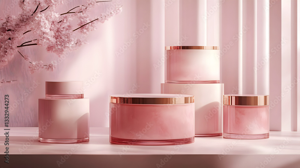 Poster abstract minimal scene with geometrical forms. cylinder podiums in cream pink colors. abstract backg