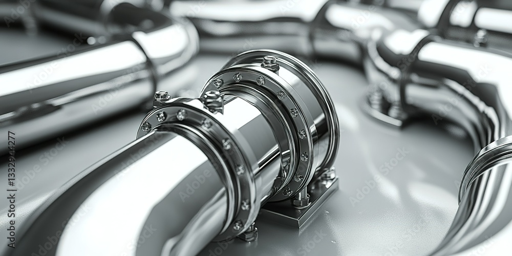 Poster close-up view of shiny metal pipe fittings in industrial setting showcasing precise engineering and 