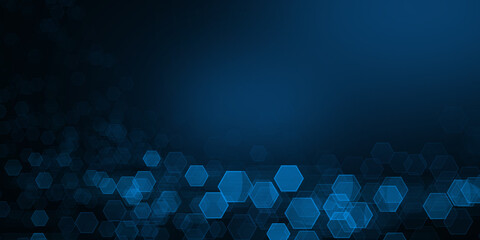 Hexagonal bokeh on dark or navy blue background. Defocused scene in modern science or technology style. Futuristic communication. Empty space for text.