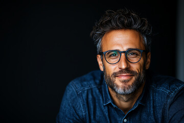 Obraz premium smiling man with glasses and curly hair poses against dark background, exuding confidence and warmth. His casual attire adds to approachable vibe