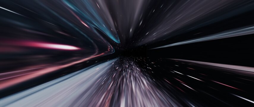 A futuristic space-time tunnel illustration, depicting high-speed movement through a wormhole. Stars, nebulae, and abstract patterns create a vision of interstellar travel, teleportation, and