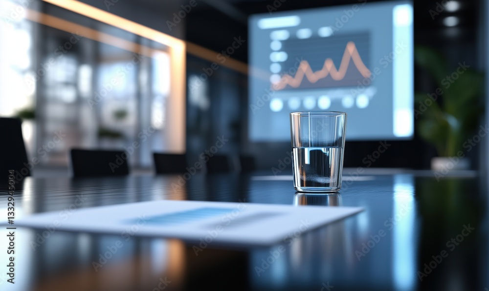 Poster business meeting setup with glass of water and presentation screen displaying graphs