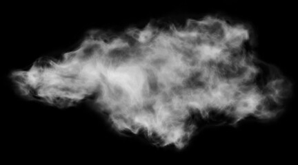 White smoke on black background. Fog or clouds separate and move forward. Cigarette smoke floats in the air.