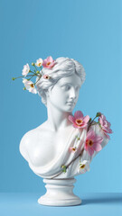 Stone statue covered with spring flowers on isolated background