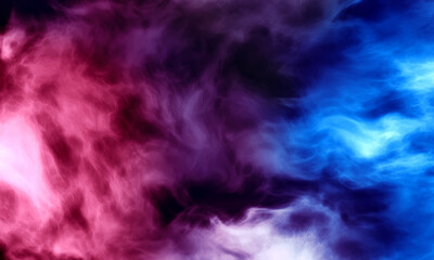 Gradient blurred smoke or flames on black background. Red, purple, blue fog on dark backdrop. Abstract neon pattern in night tone.