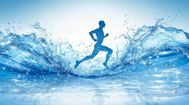 The silhouette of a runner, accompanied by flowing lines that convey a sense of speed or motion