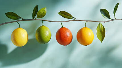 Burst of Natural Freshness: Vibrant Citrus Fruits on Sunlit Branches to Represent the Energy of Nature and the Taste of Summer &ndash; Generative AI