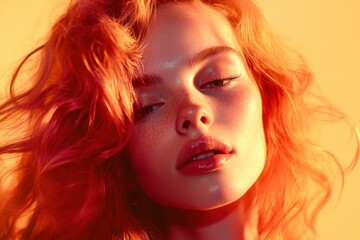 Obraz premium Beautiful Woman with Red Hair and Freckles, Glossy Lips and Glowing Skin Poses in Warm Light, Close-Up Fashion Portrait