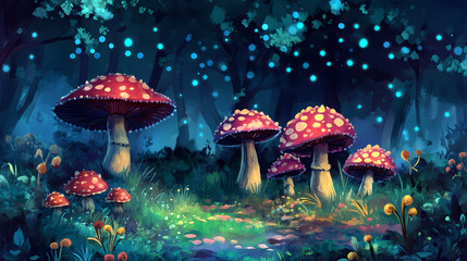 Fototapeta premium Magical mushrooms fantasy fungi backdrop. Enchanted Mushrooms. Illustration